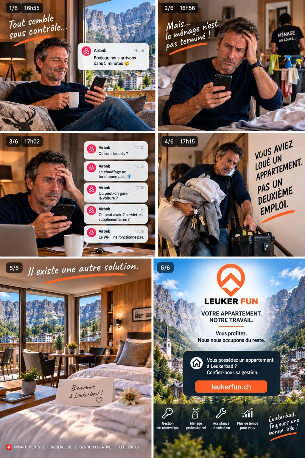 Comic in 6 Bildern: ein Eigentümer, überfordert von Reinigung und Gästenachrichten; «Sie hatten eine Wohnung vermietet, keinen zweiten Job»; «Es gibt eine andere Lösung»; dann Leukerfun: «Ihre Wohnung. Unsere Arbeit.»
